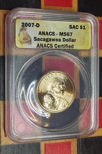 NICE Certified 2007-D Sacagawea Golden Dollar ANACS MS-67 Business Strike - Picture 1 of 2