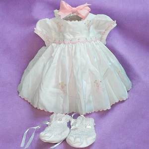 Sarah Louise England White Pink Smocked Embroidered Lined Dress Shoes Headband - Picture 1 of 24