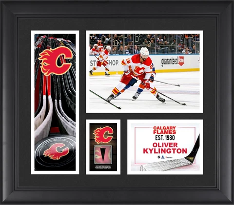Oliver Kylington Calgary Flames FRMD 15" x 17" Collage with a Piece of GU Puck Cover