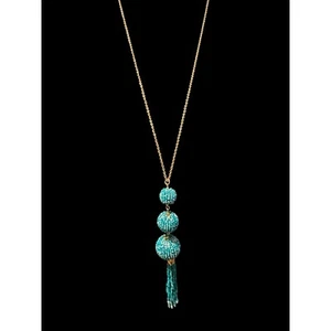 Vintage-Style Turquoise Beaded Pendant Necklace With Tassel On Gold-Tone Chain - Picture 1 of 7
