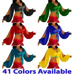 Satin Tie Top Belly Dance Harem Slit Sleeve Wrap Choli Gypsy Haut Blouse Bluse - Picture 1 of 43