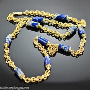 GEMSTONE STATIONARY NECKLACE LAPIS & SOLID 18K YELLOW GOLD CHAIN MADE ITALY 32" - Picture 1 of 12