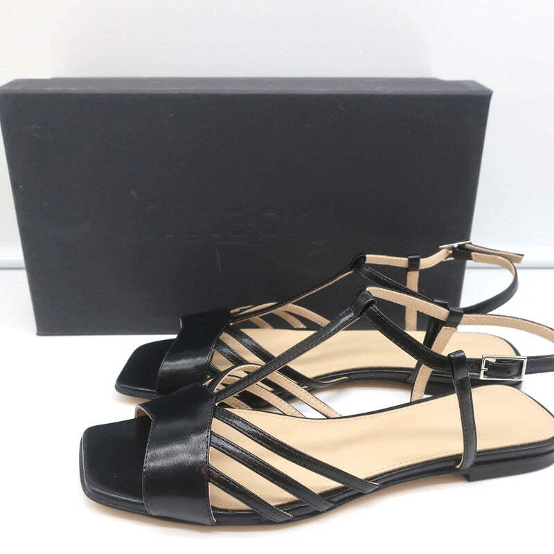 Theory V Strap Sandals Black Leather Size 38.5 Slingback Flats NEW - Image 1 of 4