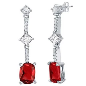 Classic Women's Earrings Sterling Silver White and Ruby Cushion-Cut CZ D-7840 - Picture 1 of 1