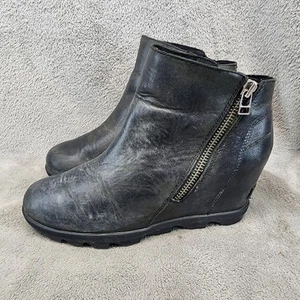 Sorel Shoes Womens Size 9 Black Leather Wedge Side Zip Ankle Booties - Picture 1 of 12
