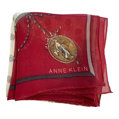 Vintage Anne Klein Silk Scarf Red Cream 20" Square Chiffon Regencycore Sheer  - Image 1 of 4