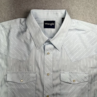 Wrangler Shirt Mens XL Baby Blue Striped Pearl Snap Long Sleeve Metalic Thread - Image 1 of 4