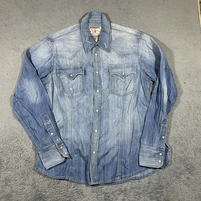 True Religion Light Blue distressed denim button up shirt 3XL Men’s #653 - Image 1 of 4