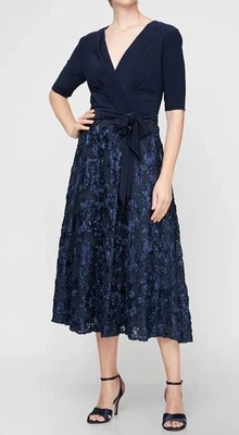 Alex Evenings Rosette Lace & Jersey Cocktail Dress Size 14P Tea Length Navy $219 - Image 1 of 4
