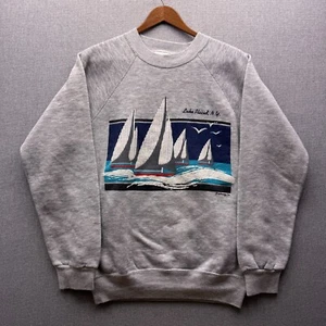 Felpa girocollo vintage Lake Placid New York barca a vela grafica adulto uomo M grigia - Foto 1 di 11