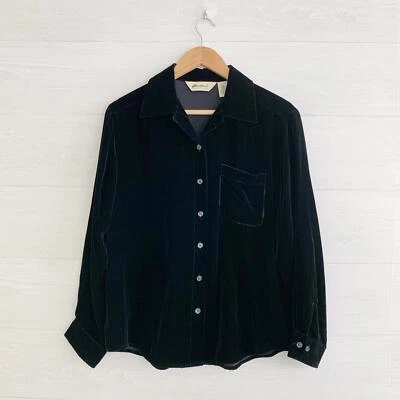 Vintage Eddie Bauer - Camisa de terciopelo con botones mezcla de seda negra, Petite M  Foto 1 de 4