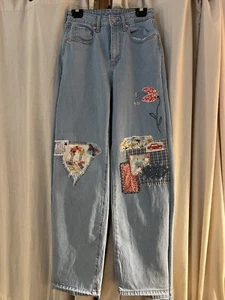 Boho Upcycled Denim Jeans Fass, handbestickt, Vintage Stoff Patches - Bild 1 von 5
