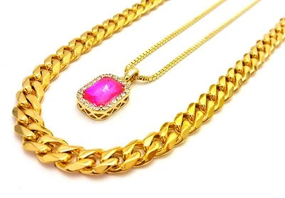 MEN STAINLESS STEEL MIAMI CUBAN LINK CHAIN RED,BLUE,BLACK STONE NECKLACE SET - Image 1 of 4