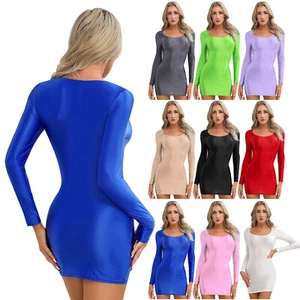 Women Glossy Oil Bodycon Mini Dress Long Sleeve Round Neck Tight Pencil Dresses - Picture 1 of 70