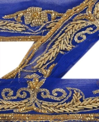Borde de sari de colección Sanskriti con cuentas artesanales adornos de 1 yarda cinta azul de 1,5 W Foto 1 de 4