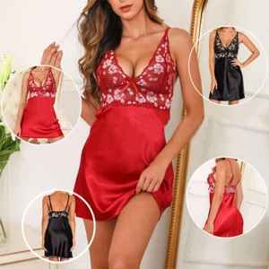 Women Sexy Satin Lingerie Babydoll Sleepwear Lace Chemise Nightgown Slip Dress - Picture 1 of 24