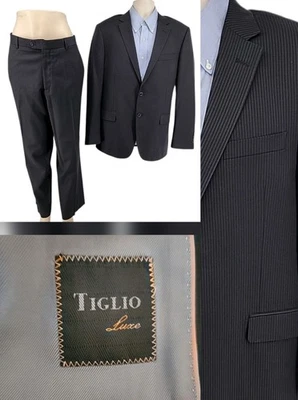 Tiglio Luxe 2-piece Suit 44R Super 150s Wool Novello Black Striped Pants 38x30 - Image 1 of 4