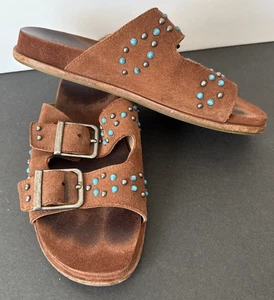JOHNNY WAS Nieten Doppelschnalle Leder Wildleder Pantoletten Sandalen braun türkis 6M - Bild 1 von 8