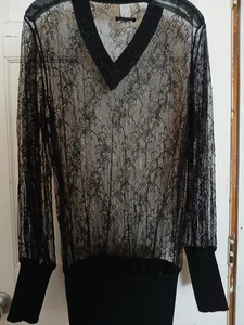 Jean Paul Gaultier V-Ausschnitt schwarz Spitze transparent Langarm Top-Strick Taille und Bündchen - Bild 1 von 7
