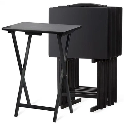 Mesas Bandeja TV Plegable Madera PJ con Estante de Almacenamiento Compacto, Negro, Juego de 5 Piezas Foto 1 de 4
