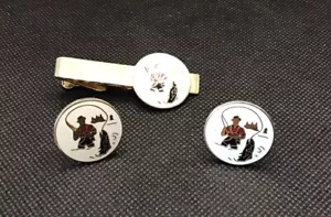 Vintage Cuff Links Tie Bar Set Trout Fly fishing SWANK Vintage Enamel - Picture 1 of 7