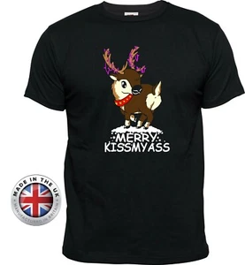 MERRY KISSMYASS Reindeer black rude Christmas T-shirt Unisex + Ladies fitted - Picture 1 of 9