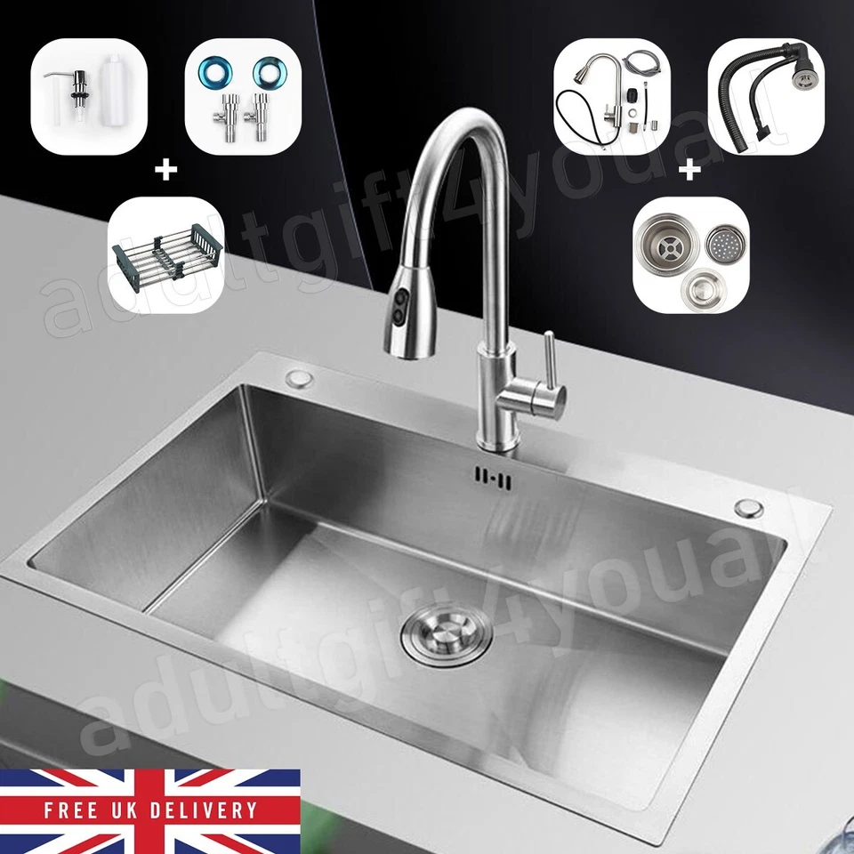 23.5" Drop in Kitchen Sink Single Bowl 304 Stainless Steel with Accessories UK - Image 1 of 4