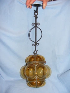 Vintage Hand Blown Glass Caged Wire Ceiling Shade Lightshade Moulded Bubble RARE - Picture 1 of 3