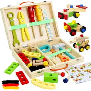 34 tlg. Werkzeugkoffer Kinder Holz Holzspielzeug Zange ab 3 Jahre Motorik - Bild 1 von 14