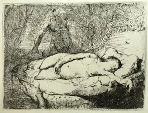 JEUNE FEMME NUE ALLONGÉE Gravure eau-forte estampe de Rembrandt tirage de 1880 - Imagen 1 de 2