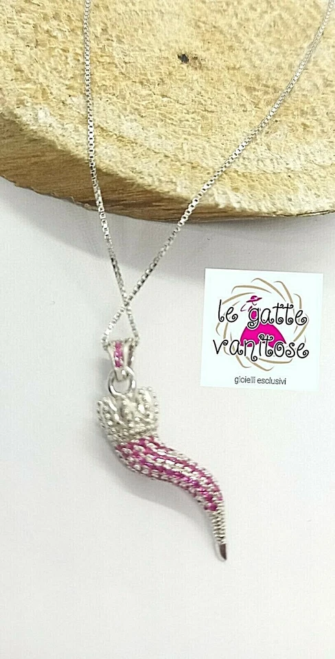 Collana con Corno cornetto  Portafortuna in Argento 925  Zirconi Rossi bombato - Immagine 1 di 4