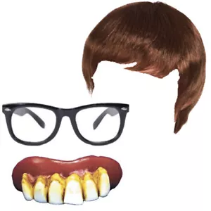Mens Fancy Dress 60s Gigolo Groovy Asutin Powers Brown Wig Fake Teeth & Glasses - Picture 1 of 1