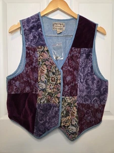 Gilet vintage Tantrum Blues denim velluto pizzo patchwork M nuovo con etichette Artsy Boho Indie anni 90 - Foto 1 di 6
