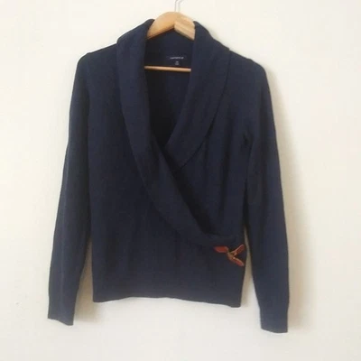 Lands' End Womens Wool Blend Navy Blue Sweater, Shawl Collar Faux Wrap XS - Image 1 of 4
