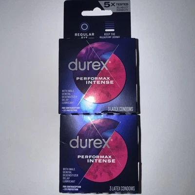 Paquete de 2 (3 en cada uno) 6 condones de látex intenso Durex Performax ajuste regular caducidad 2029 Foto 1 de 4