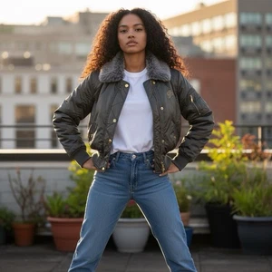 Chaqueta Bomber De Colección SouthPole Piel Sintética Oliva Nylon Edredón Mujer M Y2K Street - Imagen 1 de 19