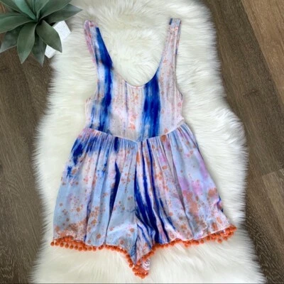 LF Millau Women's Orange White Blue Tie Dye Romper With Pom Pom Size XS  - Image 1 of 4