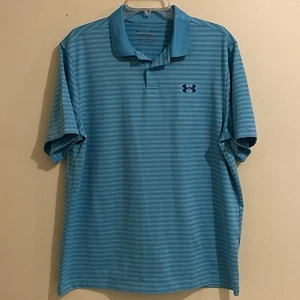 Under Armour Shirt Mens Large Teal Striped Performance Polo Shirt Stretch - Picture 1 of 11
