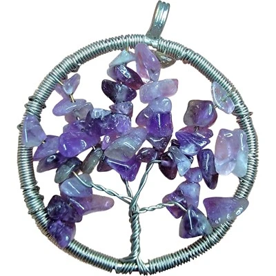 Colgante de alambre astillado de piedra amatista de 2" árbol de la vida joyería cristales curativos Foto 1 de 4
