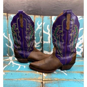 VTG Nocona Classic Womans 6.5B Brown/Purple Embroidered Leather Western Boots - Picture 1 of 9