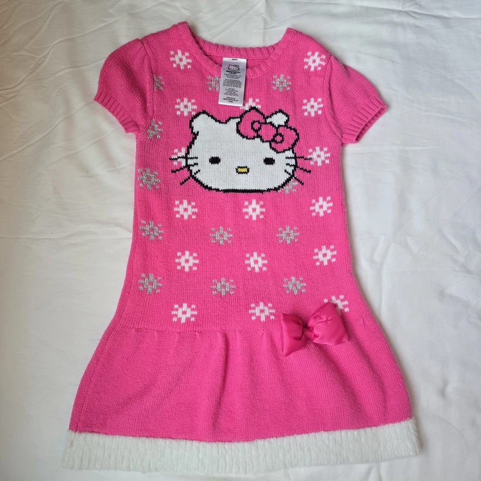 Vestido Hello Kitty Niñas XS 4-5 Rosa Blanco Suéter Vestido Informal Chica Kawaii Foto 1 de 4