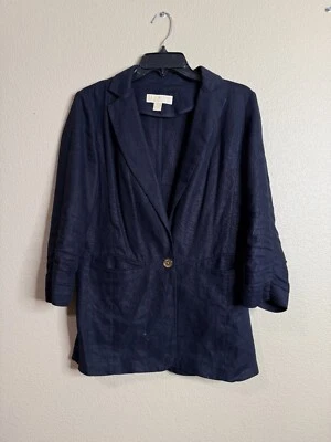 Michael Kors Blazer Womens 2 Navy 100% Linen Scrunch Sleeve Jacket Office Blue - Image 1 of 4