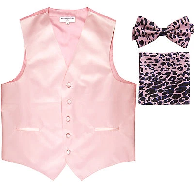 New Men's Formal Vest Tuxedo Waistcoat pink Leopard Bowtie & Hankie set wedding - Image 1 of 4