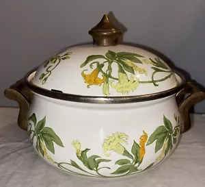 Vintage Asta Germany Enamel Cookware Small Pot 7" Diameter Honeysuckle Floral - Picture 1 of 7