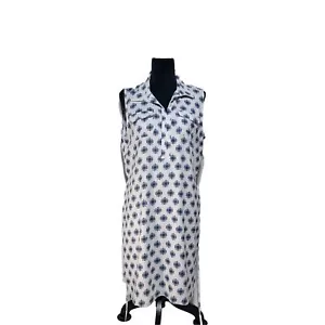 LOFT DRESS LARGE BLUE WHITE BLACK PRINT SLVLESS VNECK SHIFT STRING BELT - Picture 1 of 10
