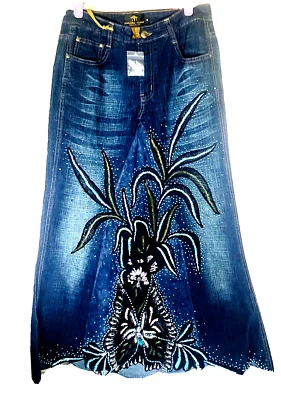 New Amanda Adams Couture Long Denim Jean Skirt Embellished Hand Beaded Sz Small - Image 1 of 4