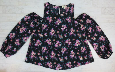 Lily White Cold Shoulder Blouse Womens Size Small Black Floral Long Sleeve - Image 1 of 4