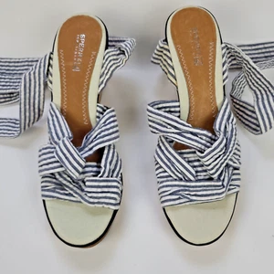 Sperry Top Sider Sandals Womens 10 M Strappy Blue Striped Lace Up Wedge - Picture 1 of 15