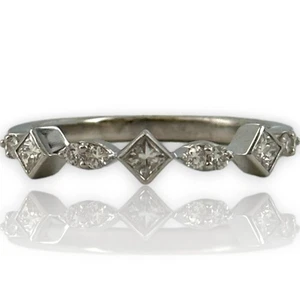 Princess Cut Round Brilliant Diamond Band Size 6.75 18kt White Gold Ring - Picture 1 of 7