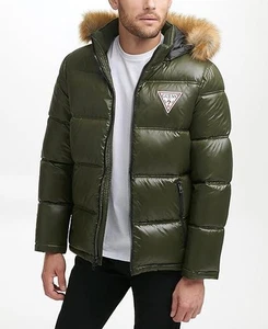 Guess Mens Jacket Coat L Quilted Puffer Insulated Faux Fur Remove Hood Olive NEW - Picture 1 of 13